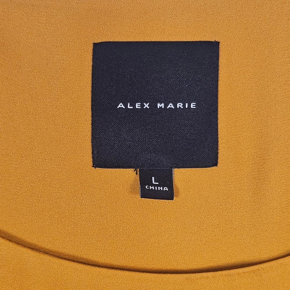 Alex Marie Mustard Yellow Pleated Puff Sleeve Blouse Crew Neck Top Large - Picture 2 of 5